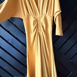 Shein Ruched Mustard Yellow 3/4 Sleeve Dress